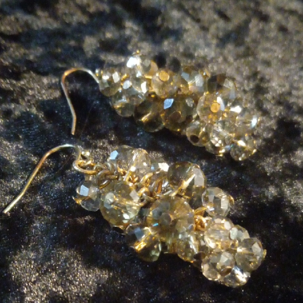Elegant smoky Qurtz Crystal & Gold Tone Crystal Cluster Dangle Earrings